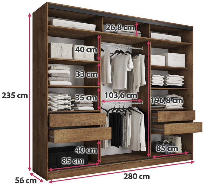 Duża loftowa szafa przesuwna z lustrem 280 cm EDGE MAX