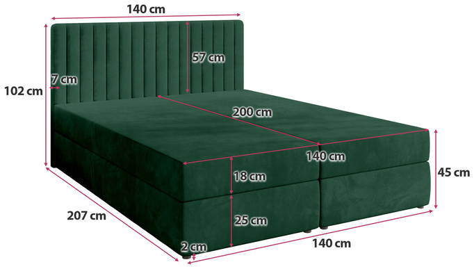 Łóżko kontynentalne 140x200 cm z pojemnikiem na pościel DREAM butelkowa zieleń