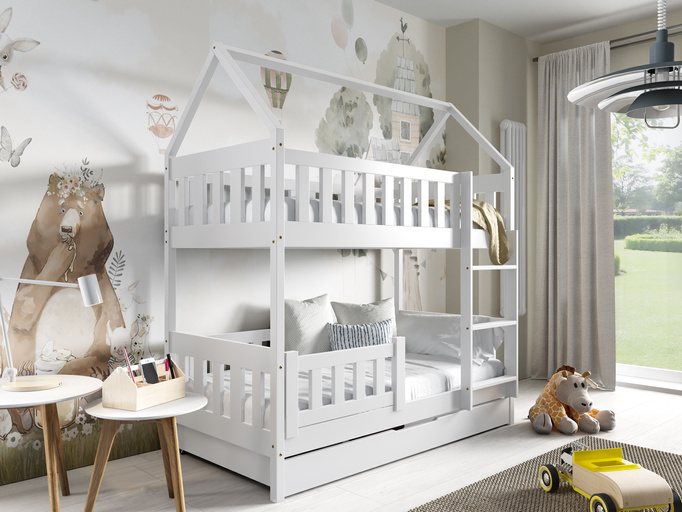 Białe dwupoziomowe łóżko do pokoju dziecięcego z barierką 80x190 cm MELANIA