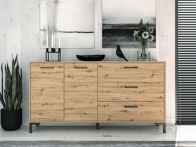 Dwudrzwiowa komoda z szufladami 160 cm NEVIO dąb artisan
