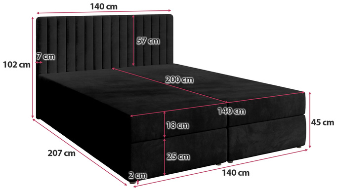 Łóżko kontynentalne 140x200 cm z pojemnikiem na pościel DREAM czarne