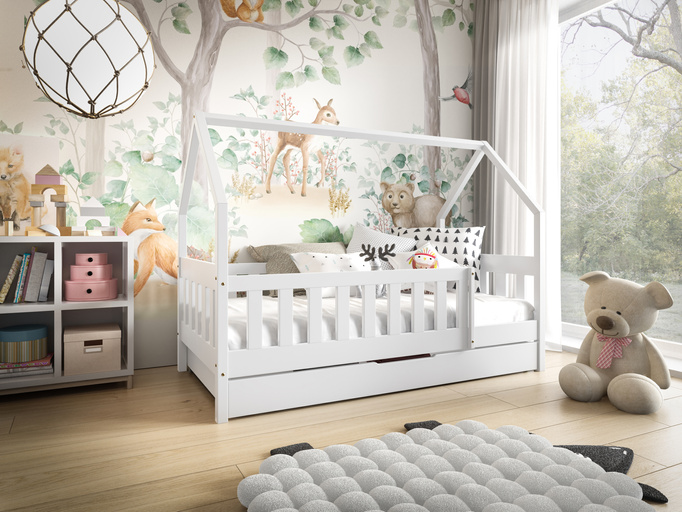 Białe łóżko domek z drewna sosnowego z szufladą 80x190 cm MELANIA