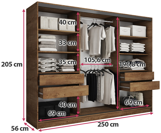 Szafa loftowa przesuwna 250 cm dąb lefkas LOFT